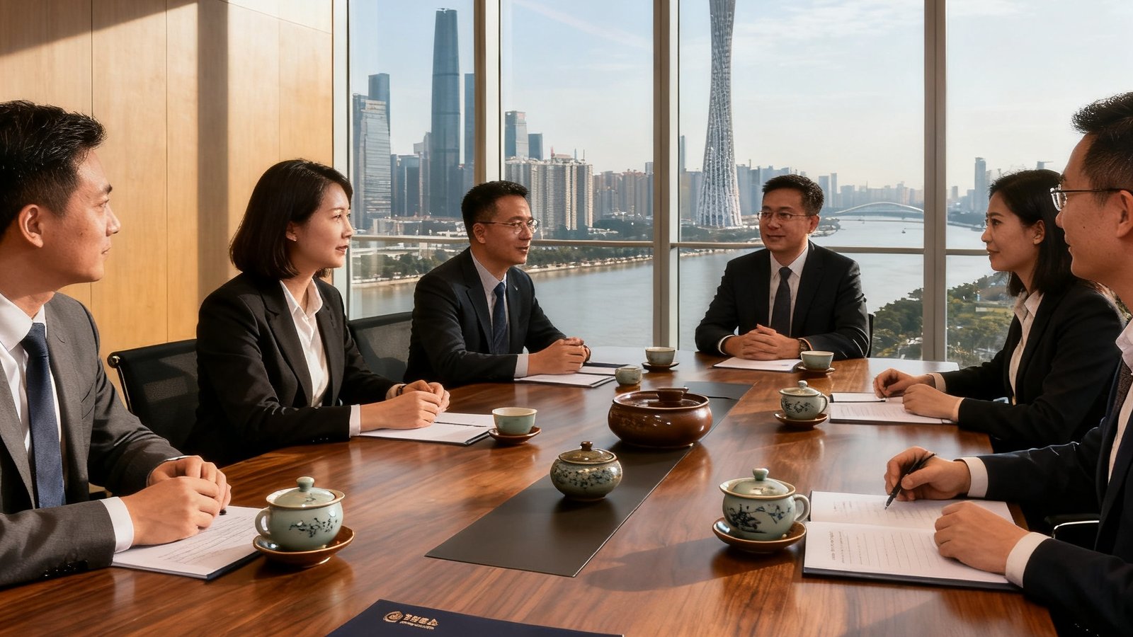 广州珠江新城CBD高端写字楼内，公海贵宾会商务顾问团队正在进行企业家权益方案研讨会议，桌上摆放着服务手册与茶具，窗外可见广州塔和珠江景观。