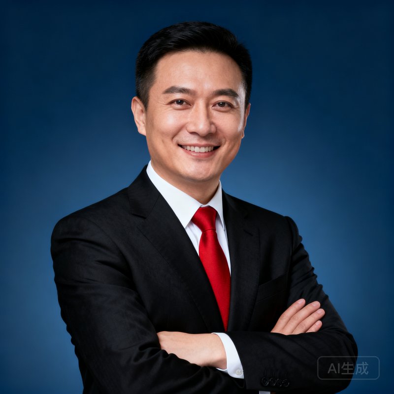 公海贵宾会创始人周远航的商务正装肖像照，背景为深蓝色，他面带微笑双臂交叉，展现出沉稳自信的企业家风范。