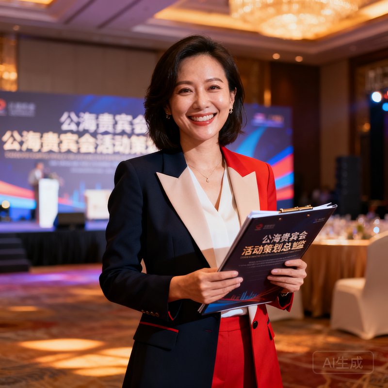 公海贵宾会活动策划总监苏婉清的形象照，她笑容灿烂，身穿时尚商务装，手持活动策划文件夹，背景是活动布置现场。